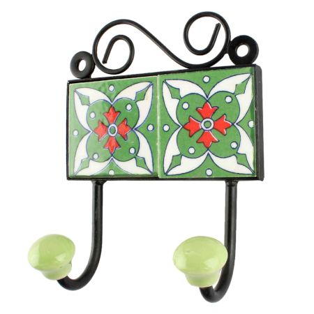 Green Floral Ceramic Tile Hook